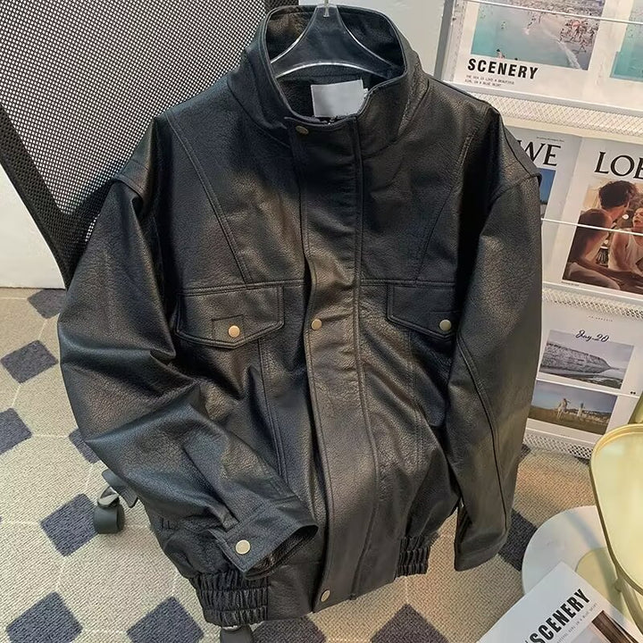 Damen Modische Kunstlederjacke mit hohem Kragen Drune
