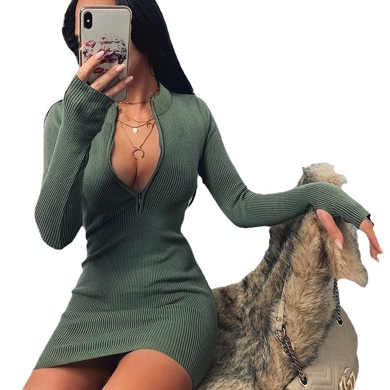 Damen Knit Kleid mit tiefem V-Ausschnitt und langen Ärmeln Drune