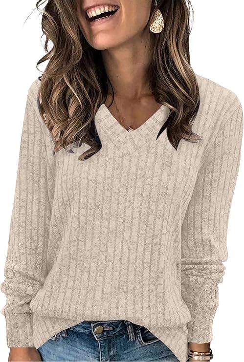 Damen Gerippter V‑Ausschnitt Feinstrickpullover mit lässiger Oversize-Passform Drune