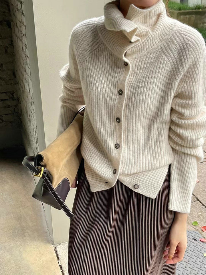 Damen elegante Strickjacke mit hohem Kragen und dekorativen Knöpfen Drune
