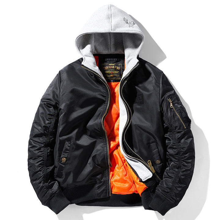 Herren Pilot-Bomberjacke mit abnehmbarem Kapuzen-Doppellayer, wattierter Thermofütterung und Ärmeltasche Drune