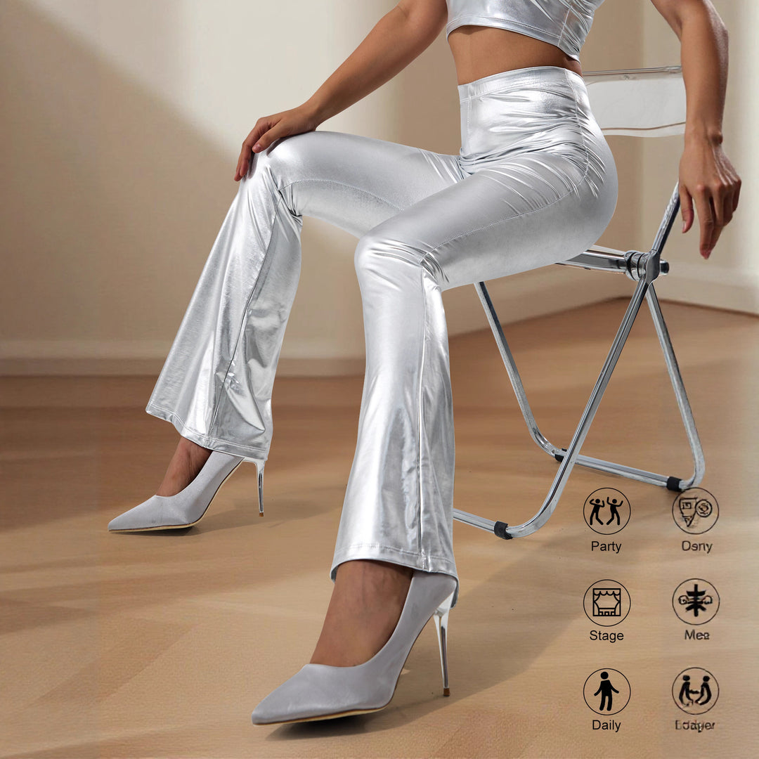 Damen High-Waist Metallic-Schlaghose mit formendem Stretchbund und eleganter Bootcut-Passform Drune