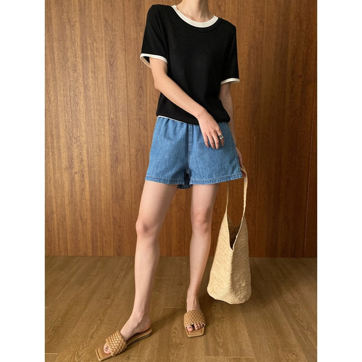 Damen Jeansshorts mit elastischem Bund und weitem Schnitt Drune