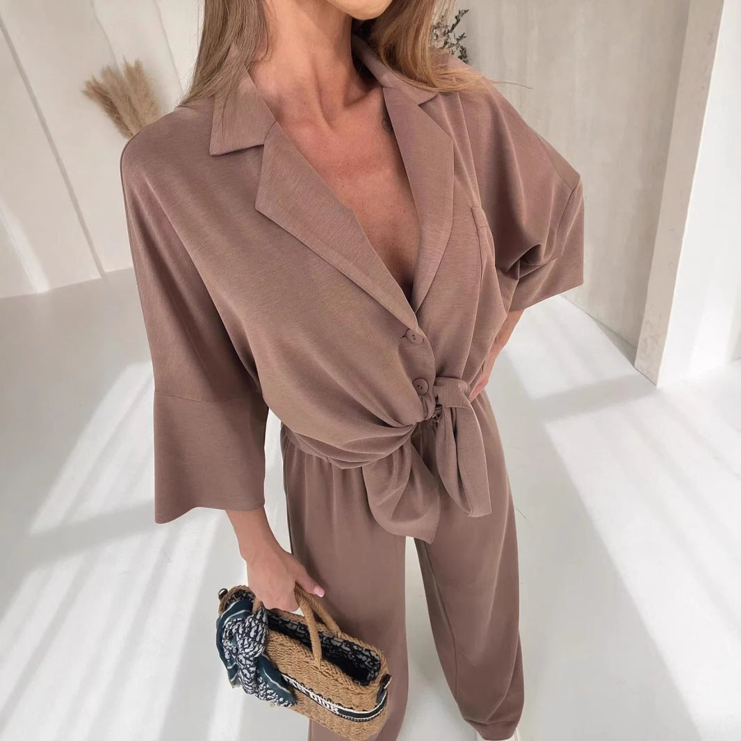 Damen lässiger Jumpsuit mit Bindegürtel und weit geschnittenen Beinen Drune