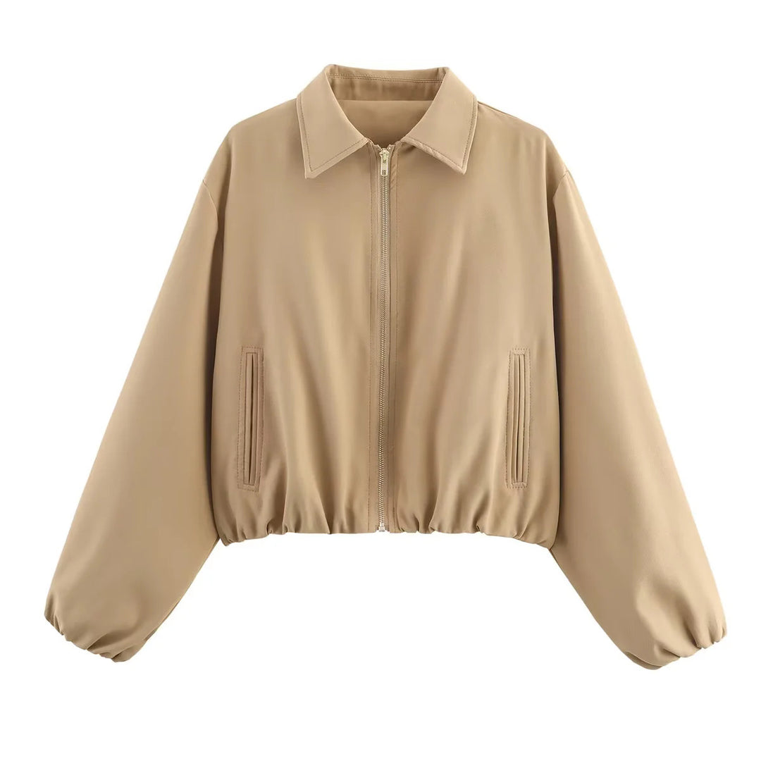 Damen nan cropped Blousonjacke mit Reißverschluss, Hemdkragen, Eingrifftaschen und elastischem Saum Drune