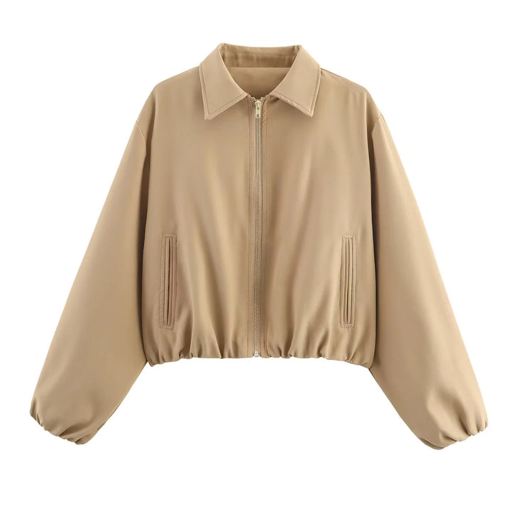 Damen nan cropped Blousonjacke mit Reißverschluss, Hemdkragen, Eingrifftaschen und elastischem Saum Drune