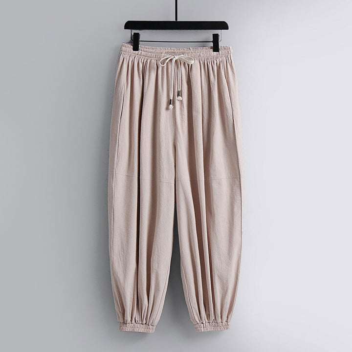 Damen weite Baumwoll-Leinen-Freizeithose mit Kordelzug und elastischen Knöchelbündchen Drune