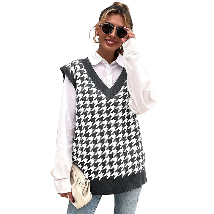 Damen Hochwertiger Strickpullover mit V-Ausschnitt und Hahnentrittmuster Drune