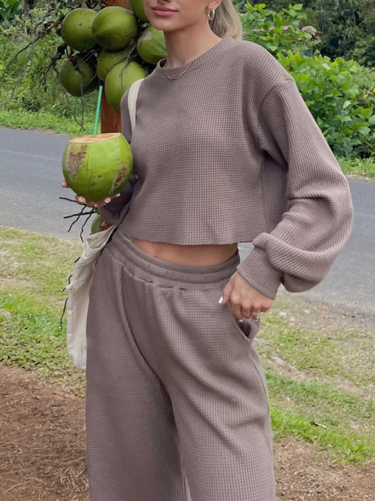 Damen geripptes Cropped-Lounge-Set mit Ballonärmeln und High-Waist Palazzo-Hose Drune