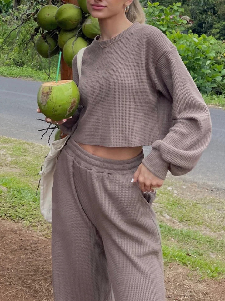 Damen geripptes Cropped-Lounge-Set mit Ballonärmeln und High-Waist Palazzo-Hose Drune