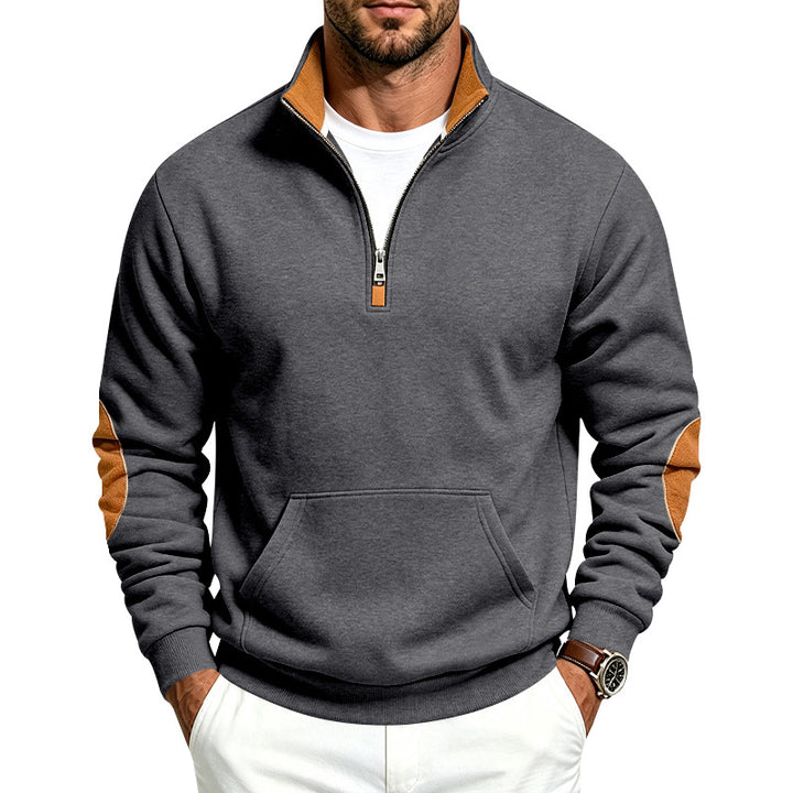 Herren Sweatshirt mit halbem Reißverschluss, Stehkragen und Ellenbogen-Patches Drune