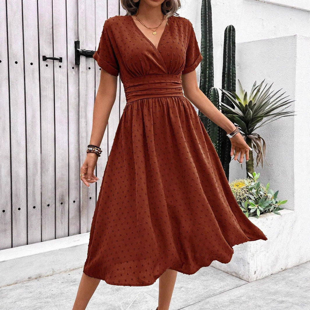 Damen midi Kleid mit gerafftem Oberteil und V-Ausschnitt Drune