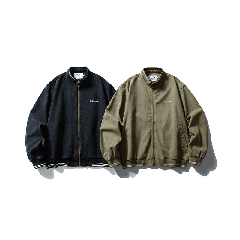 Unisex Kastig geschnittene Baumwoll-Canvas Bomberjacke mit Stehkragen und geripptem Saum Drune