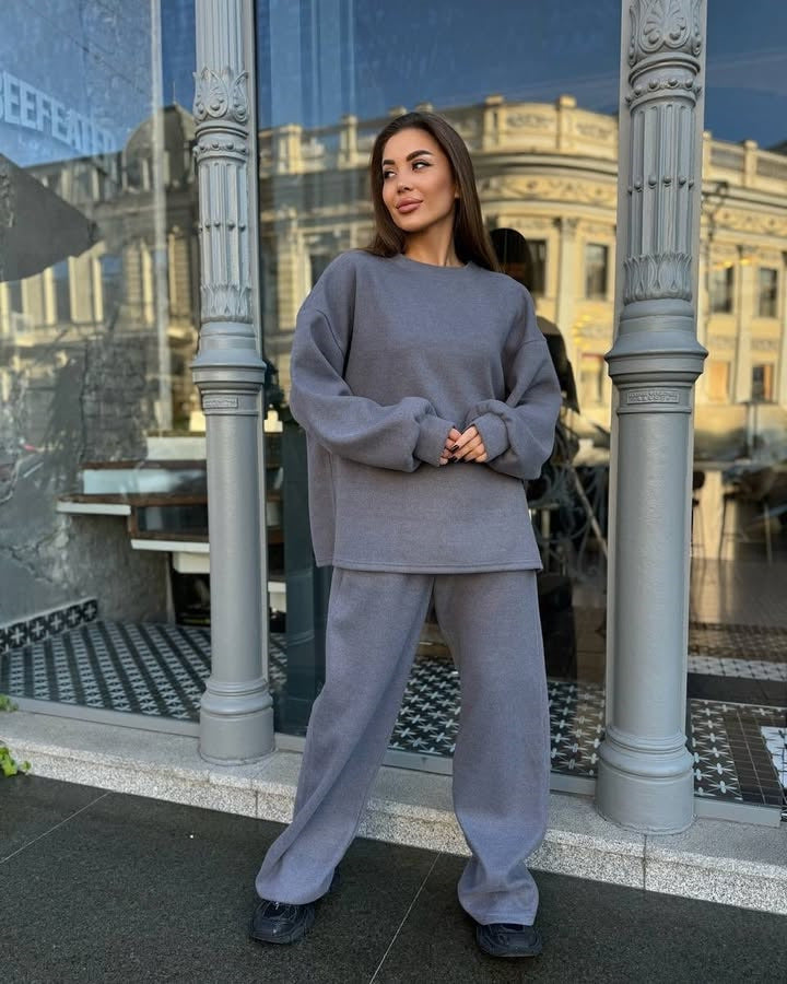 Damen Weiches Oversized-Strick-Loungewear-Set mit legerem Rundhals-Pullover und weiter Komforthose Drune