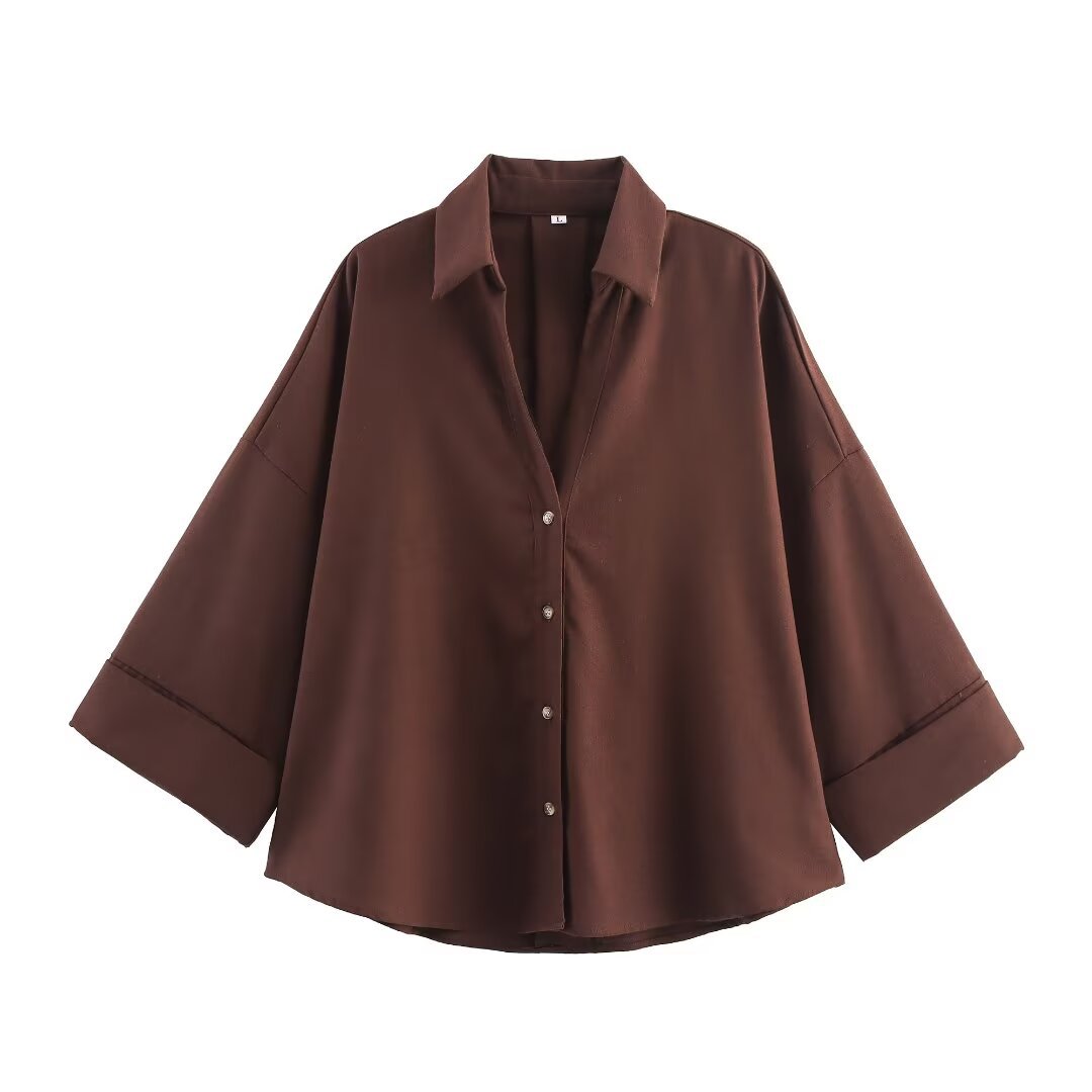 Damen nan lockere oversized Hemdbluse mit weitem Kragen und Dreiviertelärmeln Drune