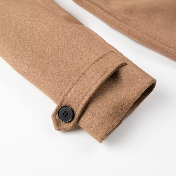 Damen Doppelreihiger Maxilanger Trenchcoat mit Bindegürtel und Cape-Überwurf Drune