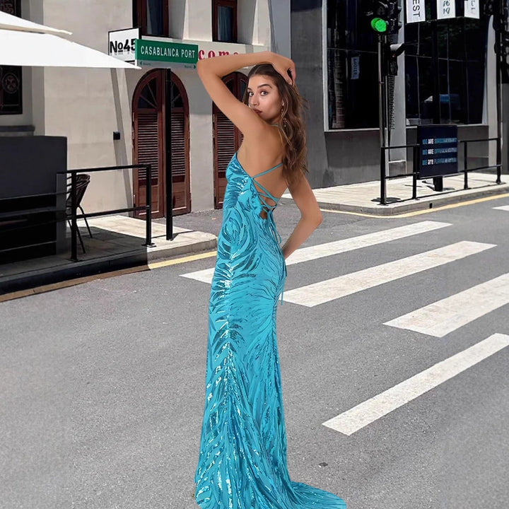 Damen Glamouröses Abendkleid mit funkelndem Paillettenmuster und V-Ausschnitt Drune
