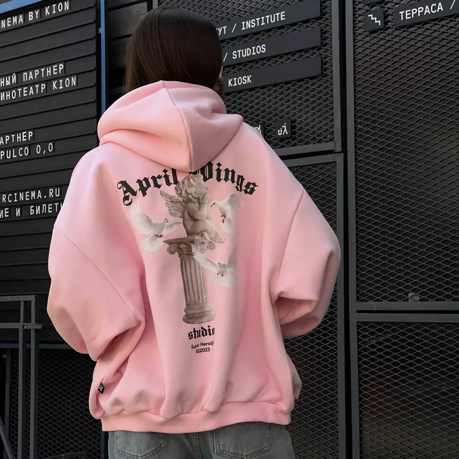Damen oversized Kapuzenpullover mit Engels-Print und kunstvollem Rückendruck Drune