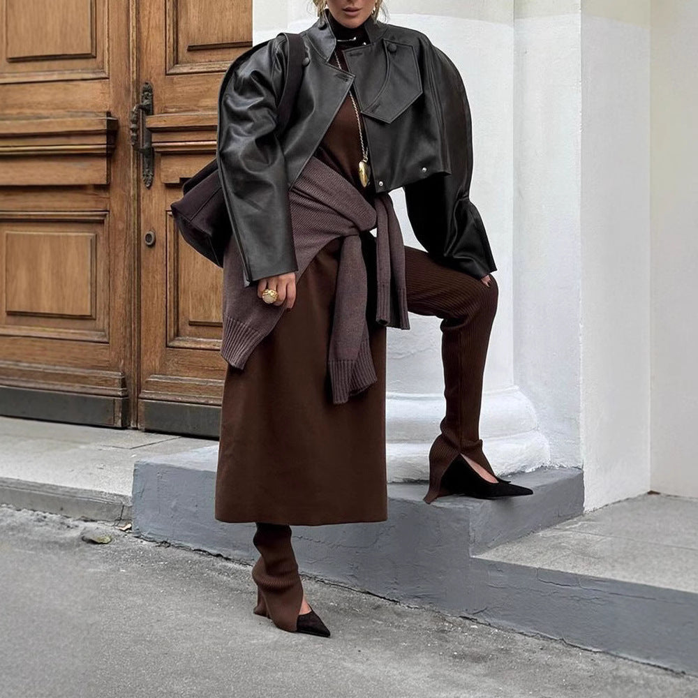 Damen Elegante Lederjacke mit strukturiertem Design und asymmetrischem Schnitt Drune