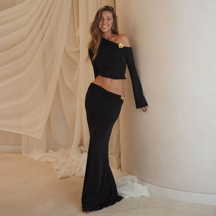 Damen Elegantes Maxikleid mit asymmetrischem Ausschnitt und langen Flügelärmeln Drune