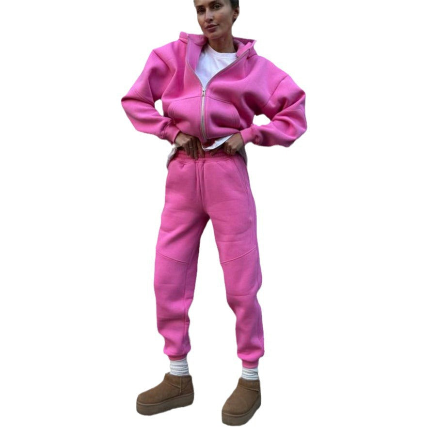 Damen kurzes Zip-Hoodie und hochtaillierte Komfort-Jogginghose-Set aus weichem Fleece Drune