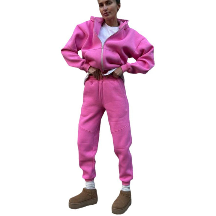 Damen kurzes Zip-Hoodie und hochtaillierte Komfort-Jogginghose-Set aus weichem Fleece Drune