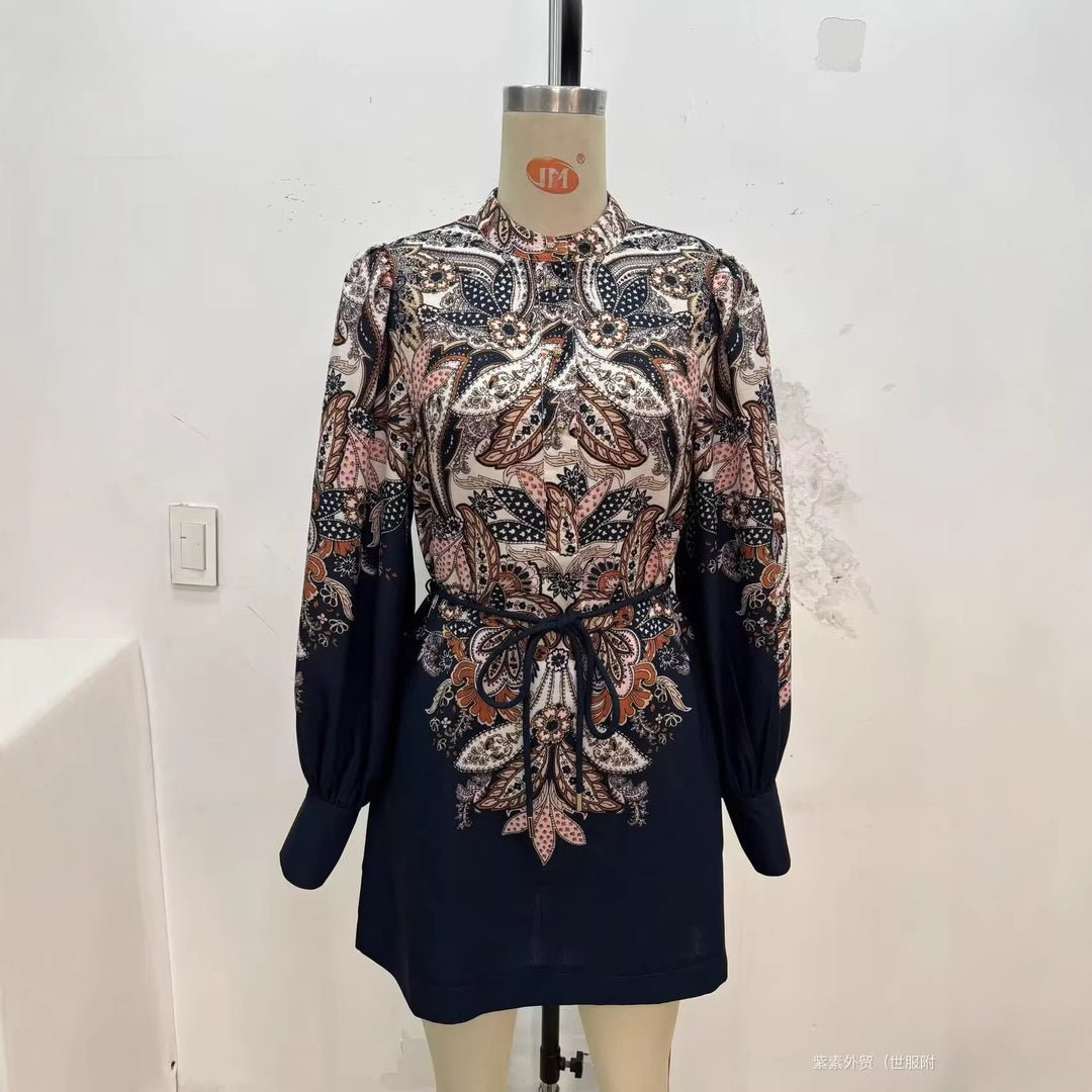 Damen Gemustertes Tunika-Kleid mit Bindegürtel, Stehkragen und Ballonärmeln Drune