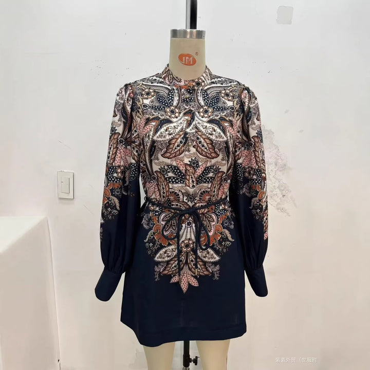 Damen Gemustertes Tunika-Kleid mit Bindegürtel, Stehkragen und Ballonärmeln Drune