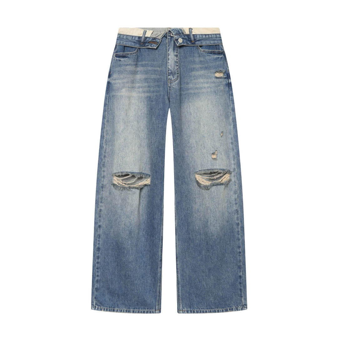 Damen nan Highwaist Jeans mit weitem Bein, Destroyed‑Details und ausgefranstem Saum Drune