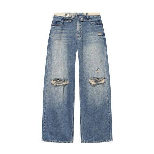 Damen nan Highwaist Jeans mit weitem Bein, Destroyed‑Details und ausgefranstem Saum Drune