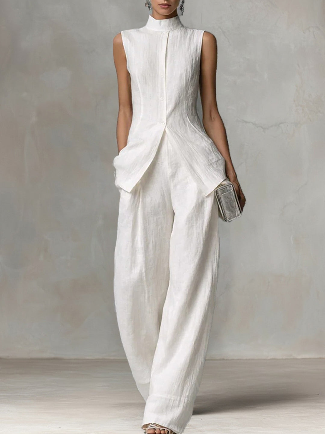 Damen Ärmelloser Leinen-Jumpsuit mit Stehkragen und weitem Bein Drune