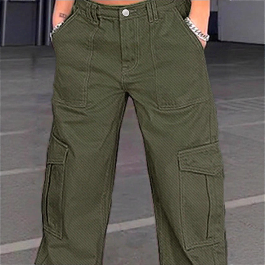 Damen weite Cargo-Hose mit hoher Taille, aufgesetzten Klappentaschen und legerer Baggy-Passform Drune