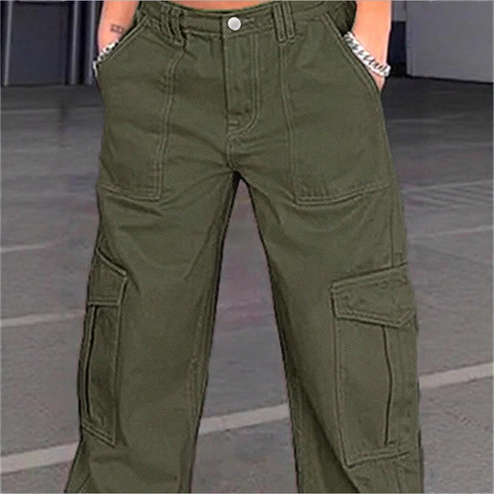Damen weite Cargo-Hose mit hoher Taille, aufgesetzten Klappentaschen und legerer Baggy-Passform Drune