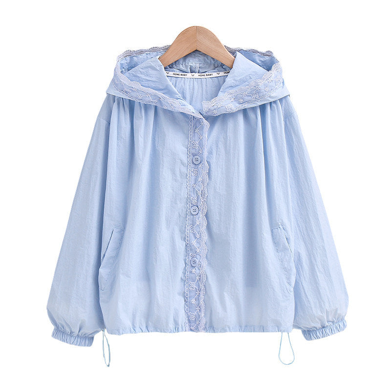 Damen nan leichte Kapuzenjacke mit Spitzendetail, elastischem Saum und Eingrifftaschen Drune