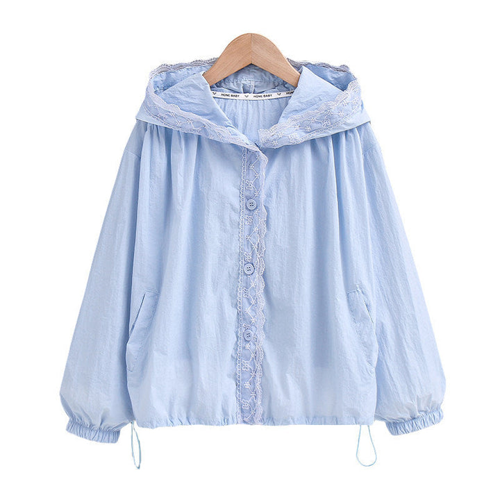 Damen nan leichte Kapuzenjacke mit Spitzendetail, elastischem Saum und Eingrifftaschen Drune