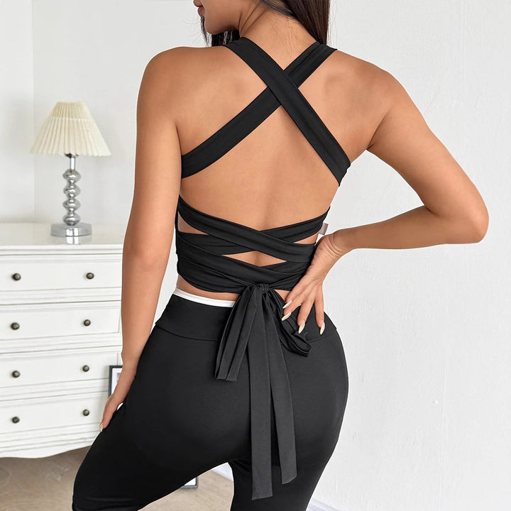 Damen modisches Crop-Top mit raffiniertem Kreuzträger-Design und verspieltem Bindegürtel Drune