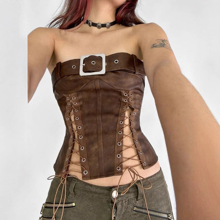 Damen Kunstleder-Corsage mit raffinierten Schnürdetails und dekorativem Gürtel Drune