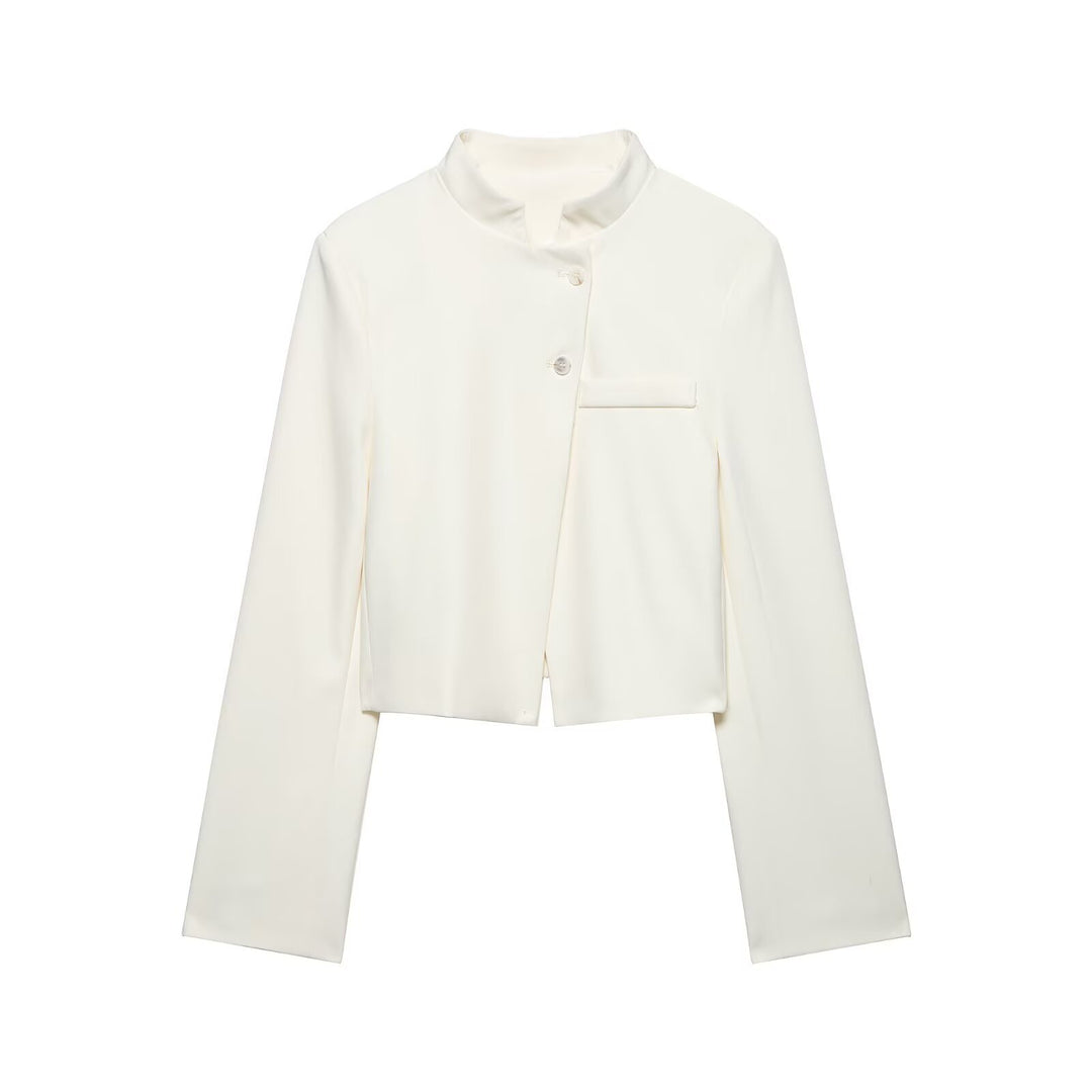 Damen Kurzer taillierter Blazer mit Stehkragen und asymmetrischer Knopfleiste Drune