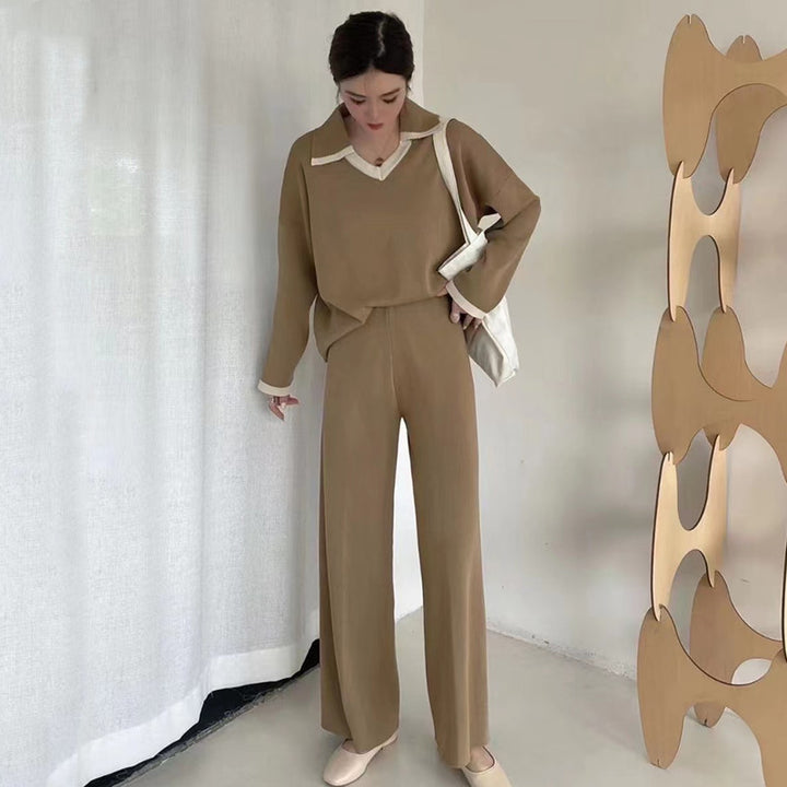 Damen elegantes und lässiges Strickensemble mit V-Ausschnitt und breitem Saum Drune