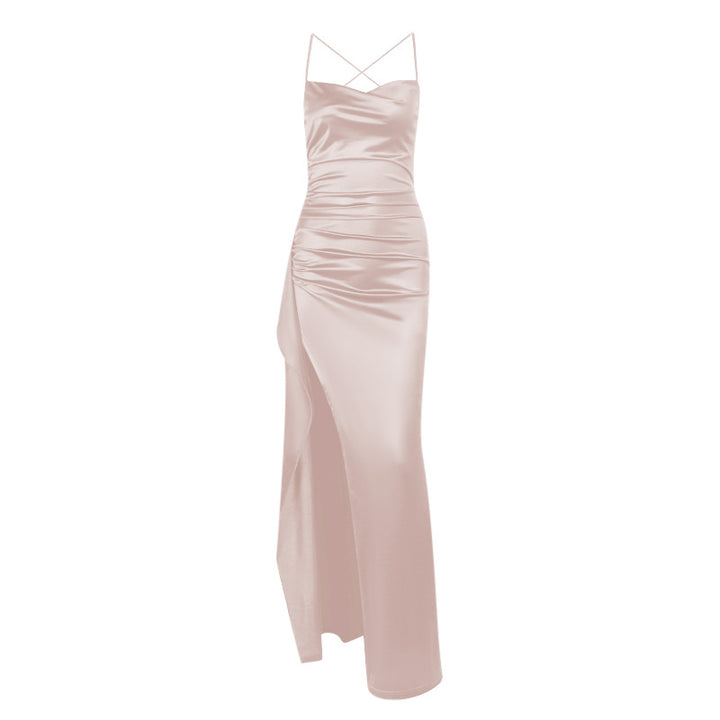 Damen elegantes Satin-Kleid mit tiefem Schlitz und verstellbaren Spaghetti-Trägern Drune