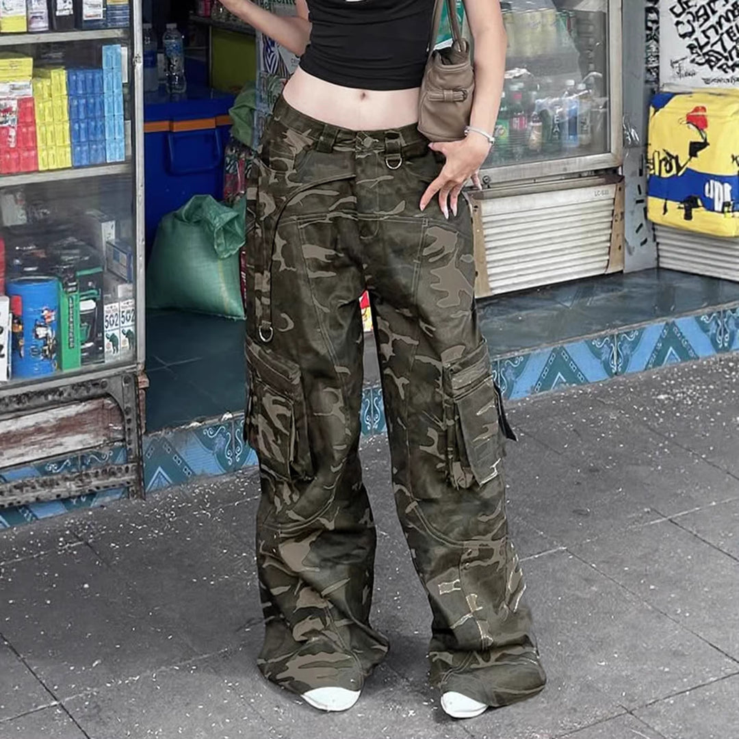 Damen High-Waist Oversized Cargo-Cordhose mit Multi-Pocket und D-Ring Drune