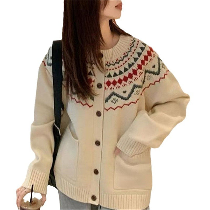 Damen Grobstrickjacke mit dekorativem Norweger-Muster und praktischen Taschen Drune