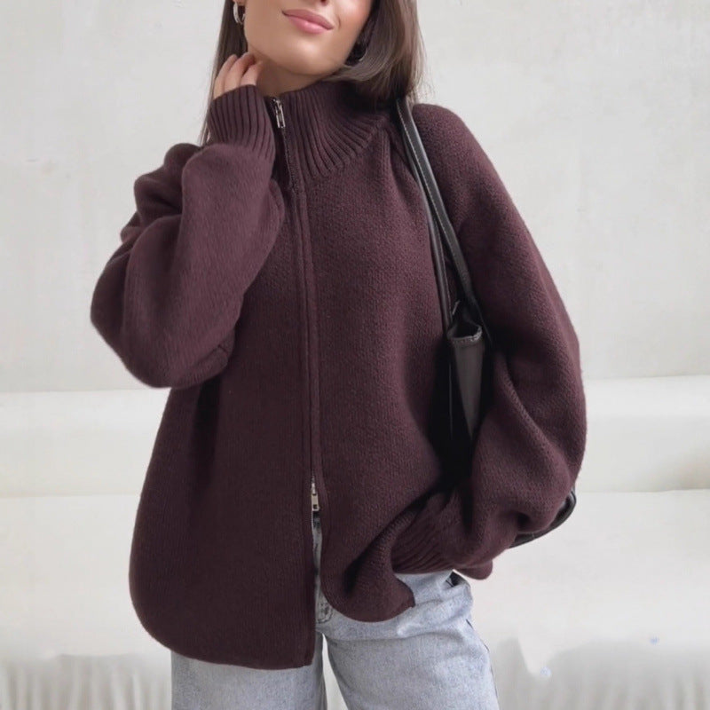 Damen Stehkragen Strickjacke mit Reißverschluss Drune