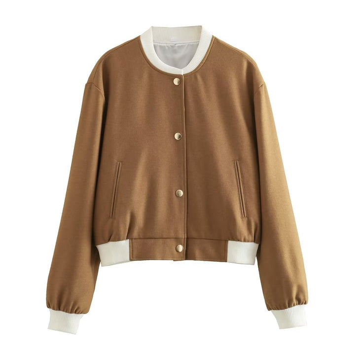 Damen nan cropped College-Bomber mit kontrastbündchen, verdeckter Druckknopfleiste und Leistentaschen Drune