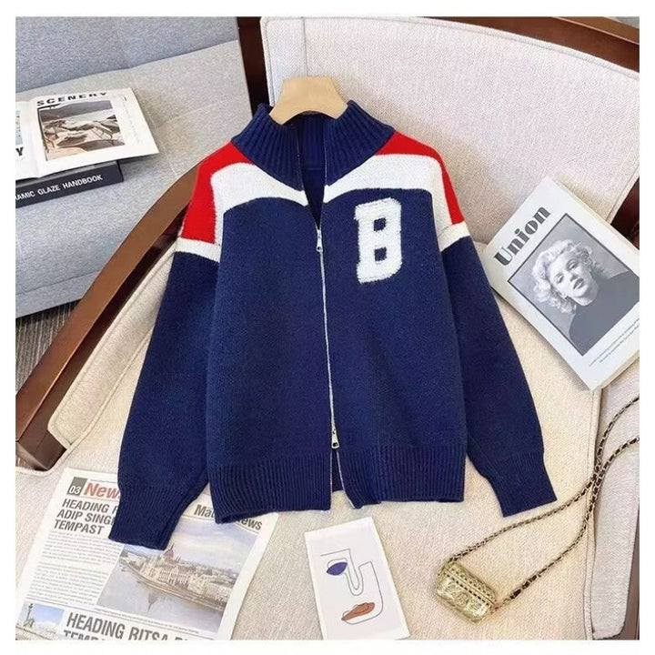 Damen Sportlicher Stehkragen-Strickpullover mit Reißverschluss und kontrastierenden Details Drune
