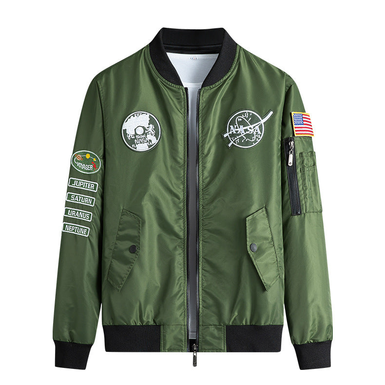Herren  leichte Mikroschalen-Mission-Patch-Flug-Bomberjacke mit schrägen Klappentaschen und Ärmelreißverschluss Drune