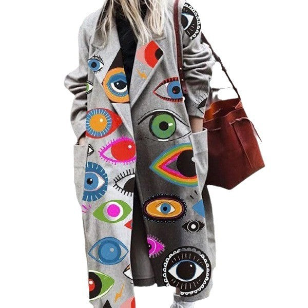 Damen lässiger Langjacke mit farbenfrohen Augenmotiven Drune