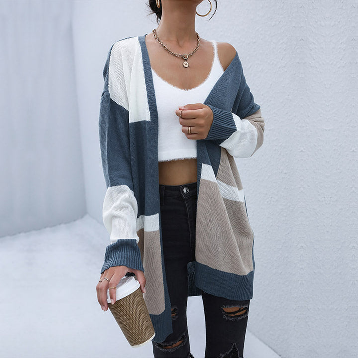 Damen Oversize-Longcardigan mit Colorblock-Design, offener Front und gerippten Bündchen Drune