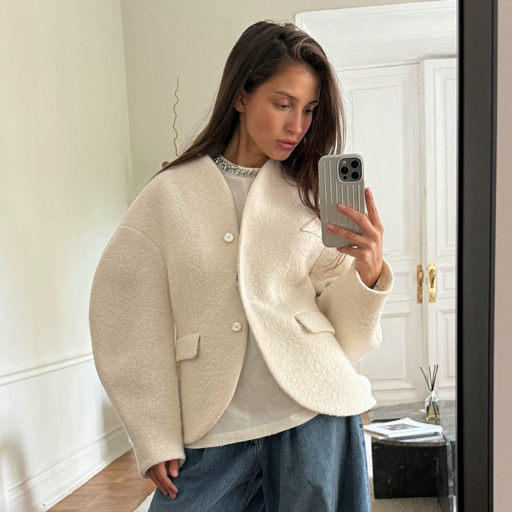 Damen Trendige Boucle-Jacke mit überschnittenen Schultern und Knopfverschluss Drune