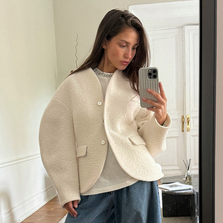Damen Trendige Boucle-Jacke mit überschnittenen Schultern und Knopfverschluss Drune